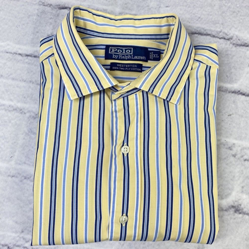 Polo by Ralph Lauren Westerton 2-Ply Shirt‎ Mens XL Yellow Long Sleeve Striped